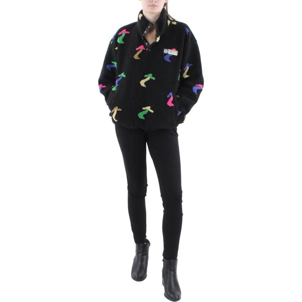 Parks Project Womens Black Fleece Snap Placket Shirt Pullover Sweater mushrooms